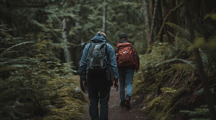 Hikers in the forest at sunset  generate ai