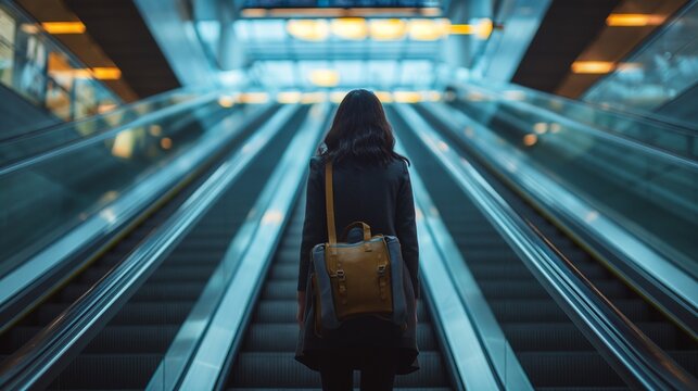 Woman going up the escalator at the airport for tourism and travel generate ai