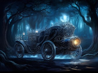 Enchanted Carriage Awaits in a Moonlit Forest