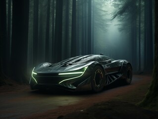 Futuristic Car Illuminated in a Misty Forest at Dawn