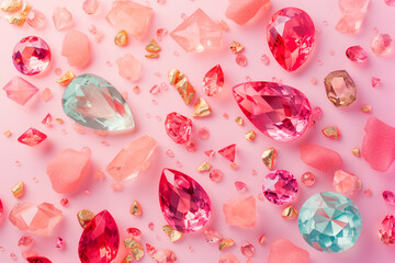 Top view composition of different red and pink crystals on pink background