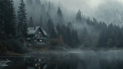  a house in the middle of a forest on a foggy day with a lake in front of it and trees on the other side of the lake and foggy bank. - obrazy, fototapety, plakaty