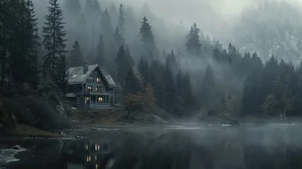 Foto op Aluminium  a house in the middle of a forest on a foggy day with a lake in front of it and trees on the other side of the lake and foggy bank. © Anna