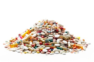 Overdosing: A Pile of Various Prescription Pills and Medications on White Background
