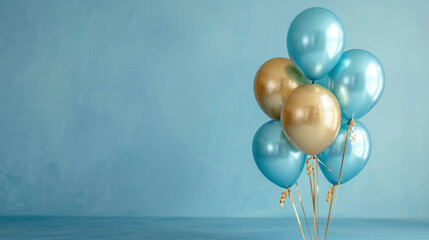 Blue gold foil balloons on a pastel blue background card with copy space
