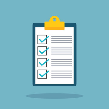 Checklist Vector Art, Document & Clipboard List, Checked item list on white paper with blue clipboard icon vector illustration.