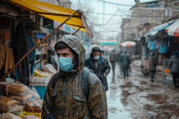 Fototapeta premium Rainy Day in the City with People Wearing Masks