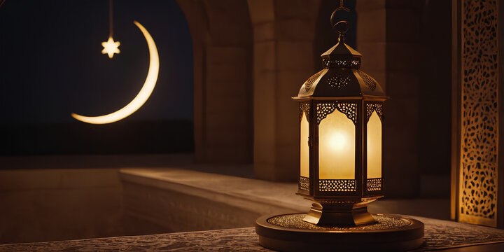 Ramadan lantern with crescent moon and podium as luxury islamic background. Decoration for ramadan kareem, mawlid, iftar, isra miraj, eid al fitr adha and muharram.	