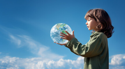Small child holding crystal globe on sunlight blue sky backdrop. World harmony and peace, Future of planet, environmental care and ecology concept. Banner with copy space for Earth Day