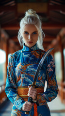 Cute blonde girl with blue eyes stands with a katana