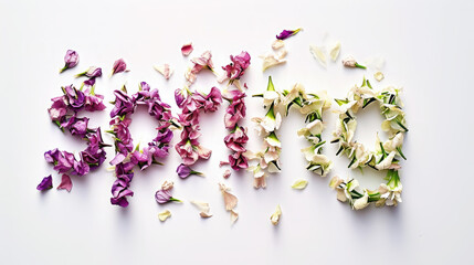 the word spring made from flower petals on the background, top view, bloom, nature, March, inscription, text, design, tulips, lettering, beauty
