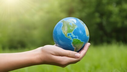 Hand holding globe, environment, ecology concept, save the world, conservation, co2, climate, forest green grass background  created with generative ai