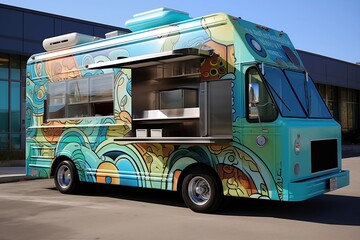 A colorful food truck parked in front of a building. Ai generated.