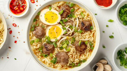 Traditional ramen noodle soup. Asian style. Broth with noodles. Top view.