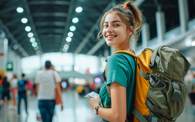 
A young woman with a backpack at the airport terminal, ready to embark on a new exciting journey.