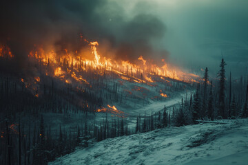 Forest Wildfire in Winter Landscape