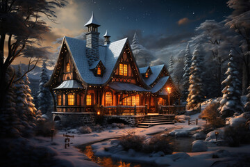 Fototapeta premium village street in winter season decorated for Christmas or New Year holiday, beautiful view of exteriors of houses , snow, sunset, street lights, festive environment