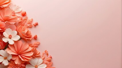 Paper flowers on pink background with copy space. 3d rendering.