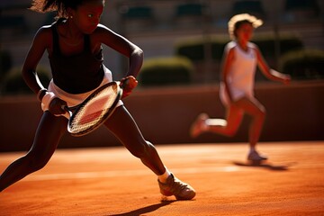 Fototapeta premium Intense junior tennis match on a clay court during a sunny day.