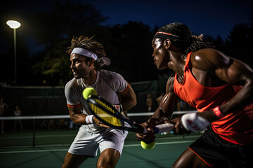 Intense nighttime doubles tennis match under floodlights on an outdoor court.