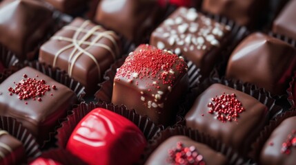  a close up of a box of chocolates with red and white sprinkles on the top of the chocolates and on the bottom of the box.