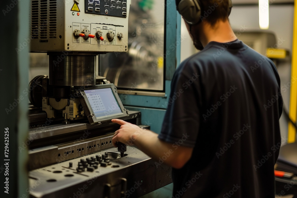 Poster factory worker is programming a cnc milling machine with a tablet computer