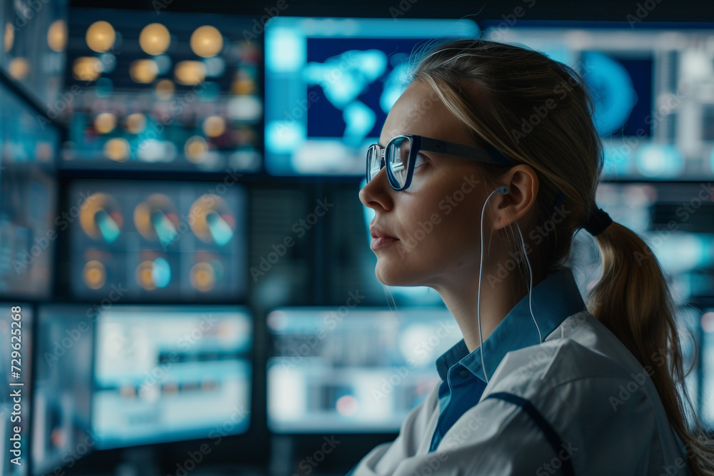 Poster female system engineer controls operational proceedings in the background working monitors show vari