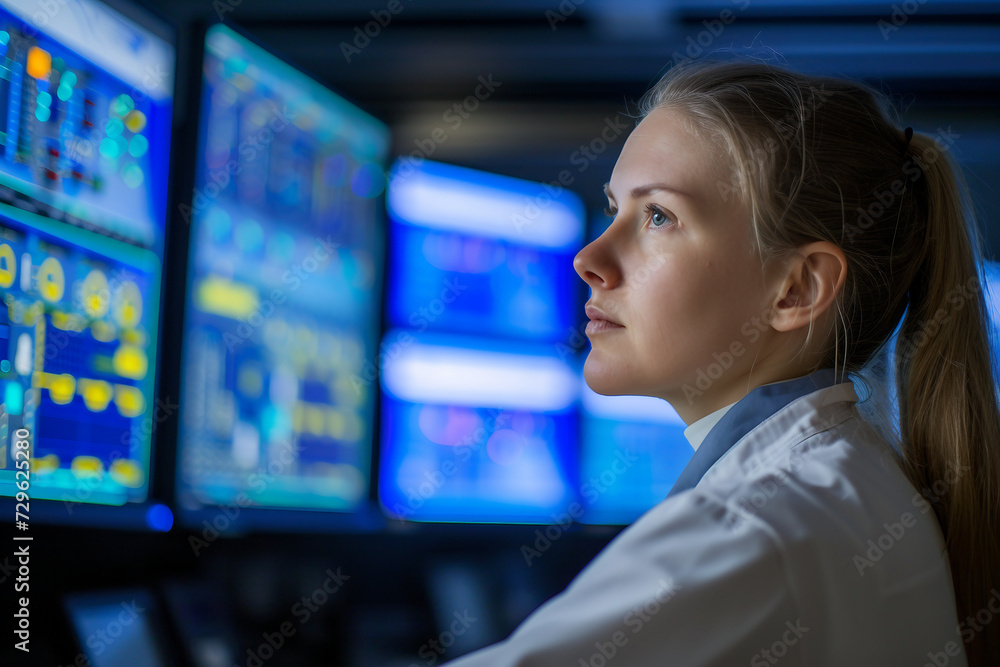 Aufkleber female system engineer controls operational proceedings in the background working monitors show vari