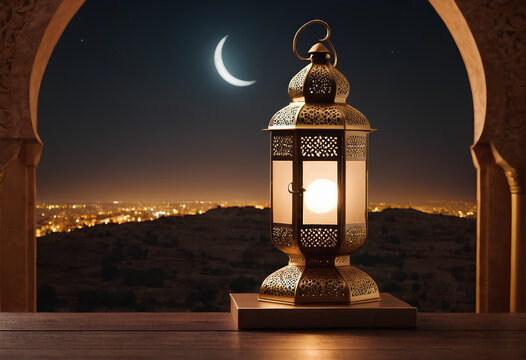 Ramadan lantern with crescent moon and podium as luxury islamic background. Decoration for ramadan kareem, mawlid, iftar, isra miraj, eid al fitr adha and muharram.	