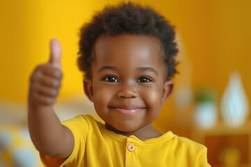 a child in a yellow shirt is giving a thumbs up sign