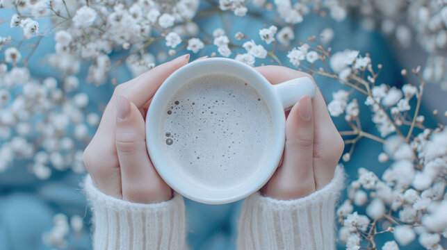  a close up of a person holding a cup of hot chocolate in front of a bunch of white baby's breath flowers on a blue background with white flowers.