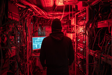 Fototapeta na wymiar Shot from the Back to Hooded Hacker Breaking into Corporate Data Servers from His Underground Hideout Place Has Dark Atmosphere Multiple Displays Cables Everywhere