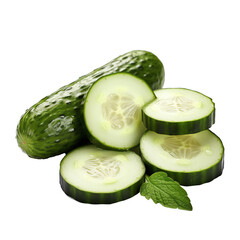 cucumber vegetable and cucumber slices isolated against transparent background