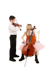 Boy and girl playing string instruments.