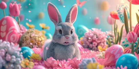 Cute gray Easter bunny in a fairy tale surrounded by Easter eggs and flowers. Fantasy concept. Happy Easter.