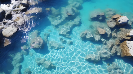 Obraz premium Sandy beach with light blue transparent water waves and sunlight, tranquil aerial beach scene