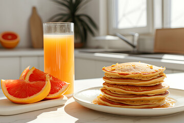 Delicious breakfast with fresh juice and pancakes on a white table - Powered by Adobe