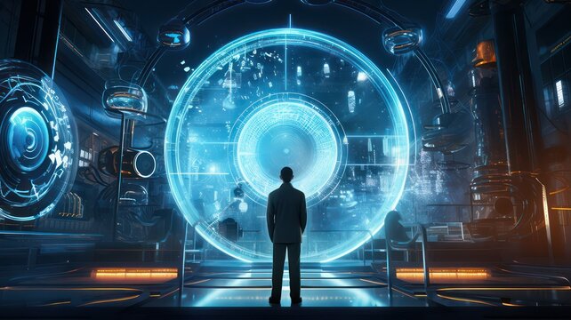 Man standing in front of a round blue glowing portal created with Generative AI