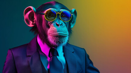 a monkey wearing glasses and a jacket. Monkey wearing a business suit, sunglasses in yellow neon background. in the style - obrazy, fototapety, plakaty