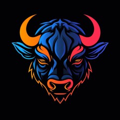 Flat colorful abstract bison logo on a black background. Abstract style.