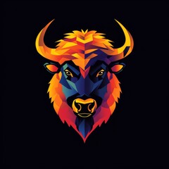 Flat colorful abstract bison logo on a black background. Abstract style.