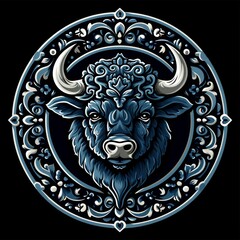 Flat logo bison azulejo style on a black background. Azulejo style