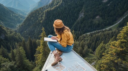 Traveler with compass and map planning the next off-road trip in a serene forest setting, concept of adventure and exploration