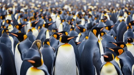  a large group of penguins standing next to each other in the middle of a large group of penguins in the middle of a field of a large group, black, yellow, white, black, gray, and yellow, and white,.