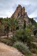 Fototapeta na wymiar Spain, Sax, palm trees and moorish castle on the rock, cloudy day