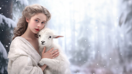 Young beautiful princess, snow queen holding a baby goat in her arms, copy space for text.