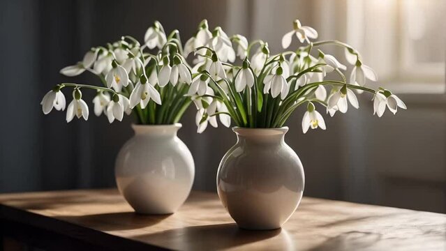 Vase with snowdrops in the room