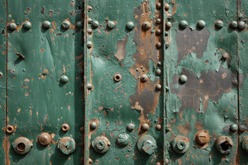 Old metal green military armor background with bullet holes