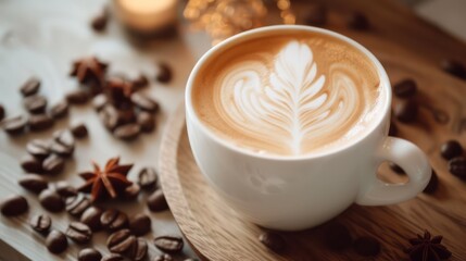 A cup of delightful coffee, prepared and adorned with an elegant flower drawing, ready for consumption.