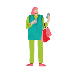 The woman is shopping. The girl with the packages. Shopping, Every Day Routine. Vector illustration in cartoon style